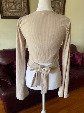 Cotton On Beige Ribbed Long Bell Sleeve Top Tie Back Fitted Basic Neutral Medium